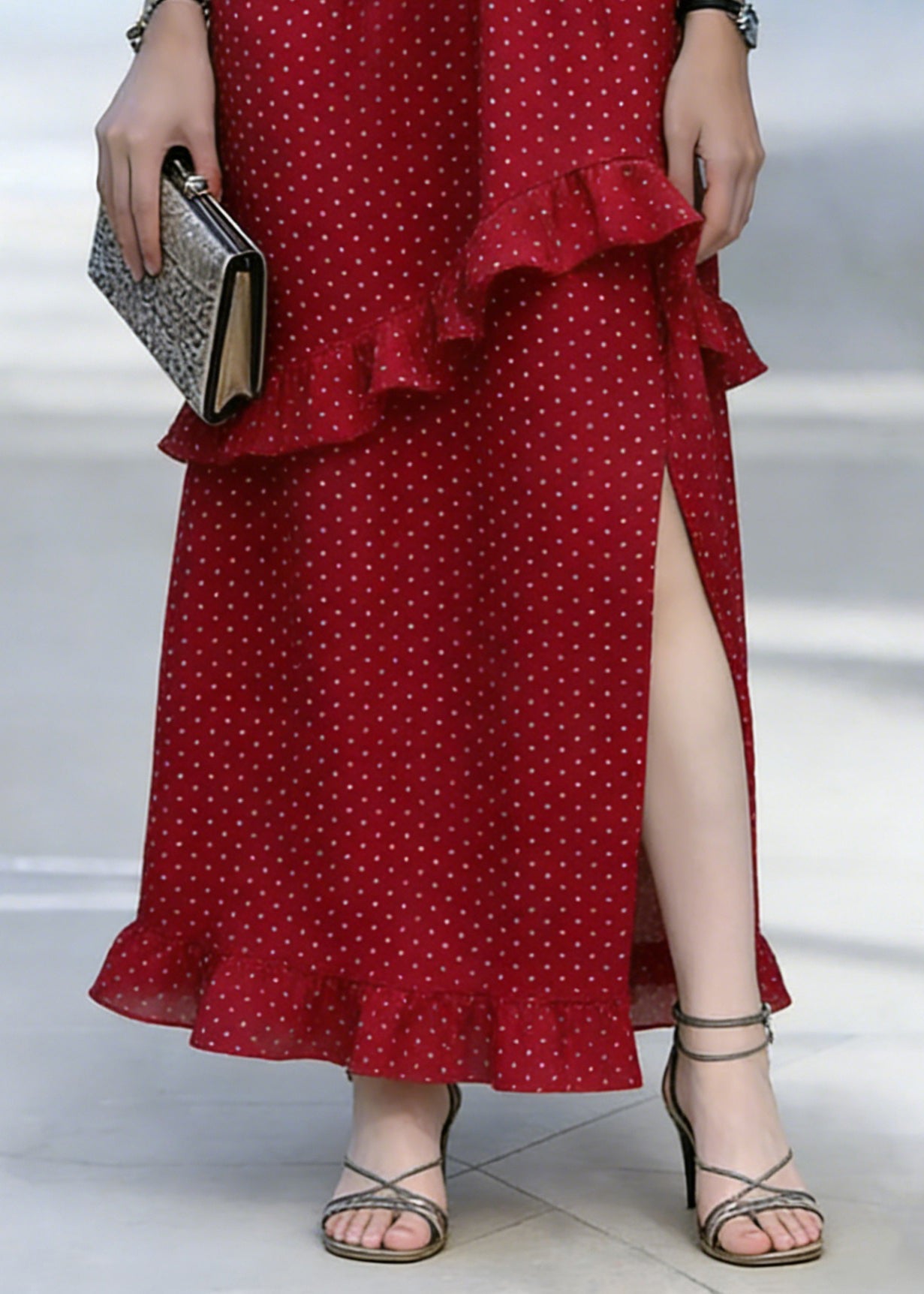 Casual Red Dot Print Ruffled Side Open Chiffon Skirt - Omychic