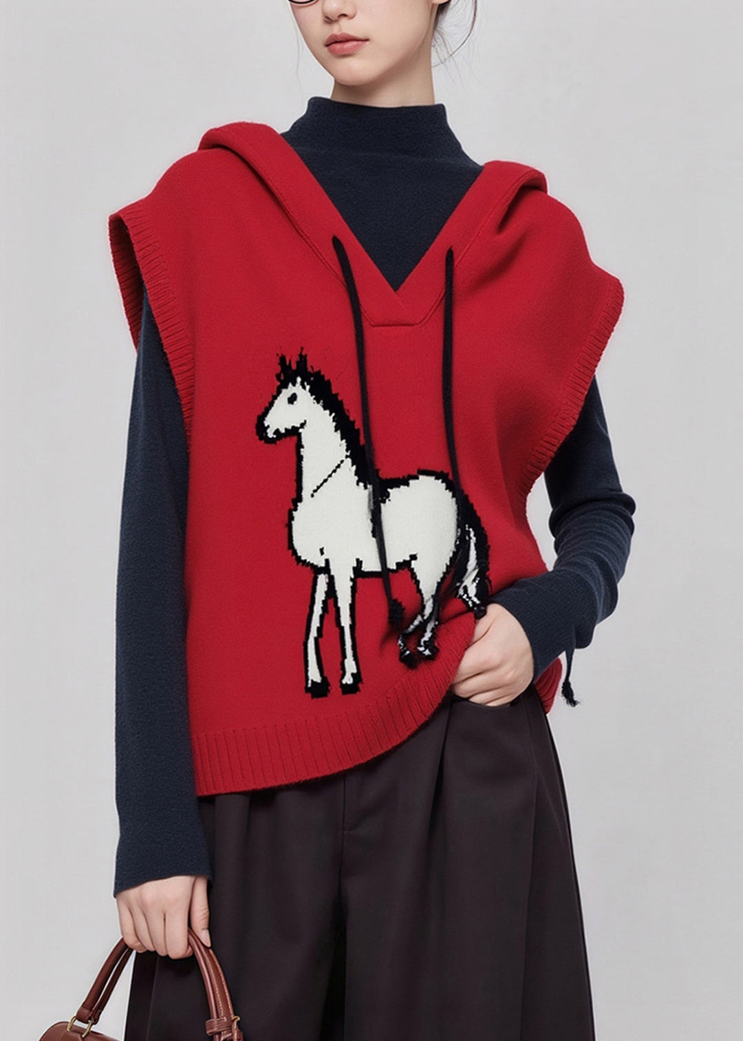 Casual Red Hooded Horse Knit Vests Winter