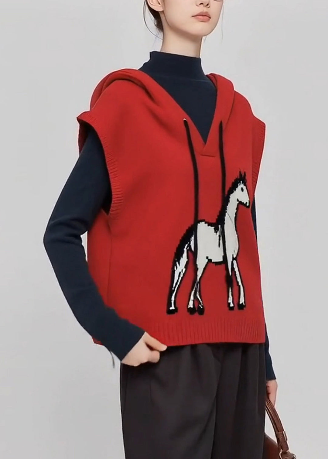 Casual Red Hooded Horse Knit Vests Winter