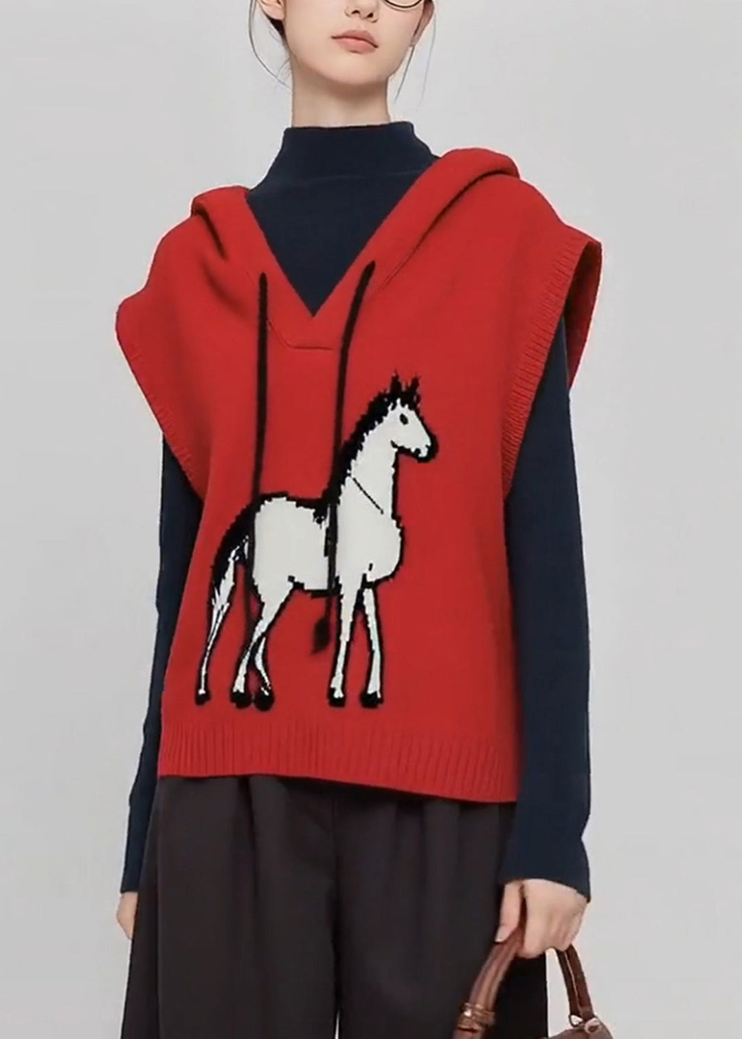 Casual Red Hooded Horse Knit Vests Winter