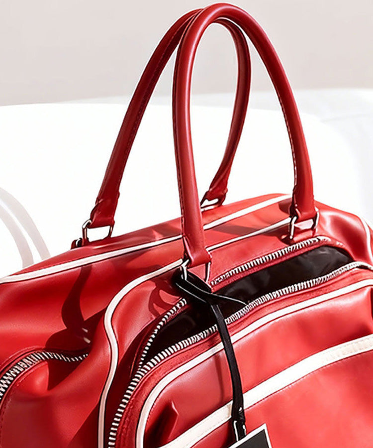Casual Red Large Capacity Calf Leather Tote Bag