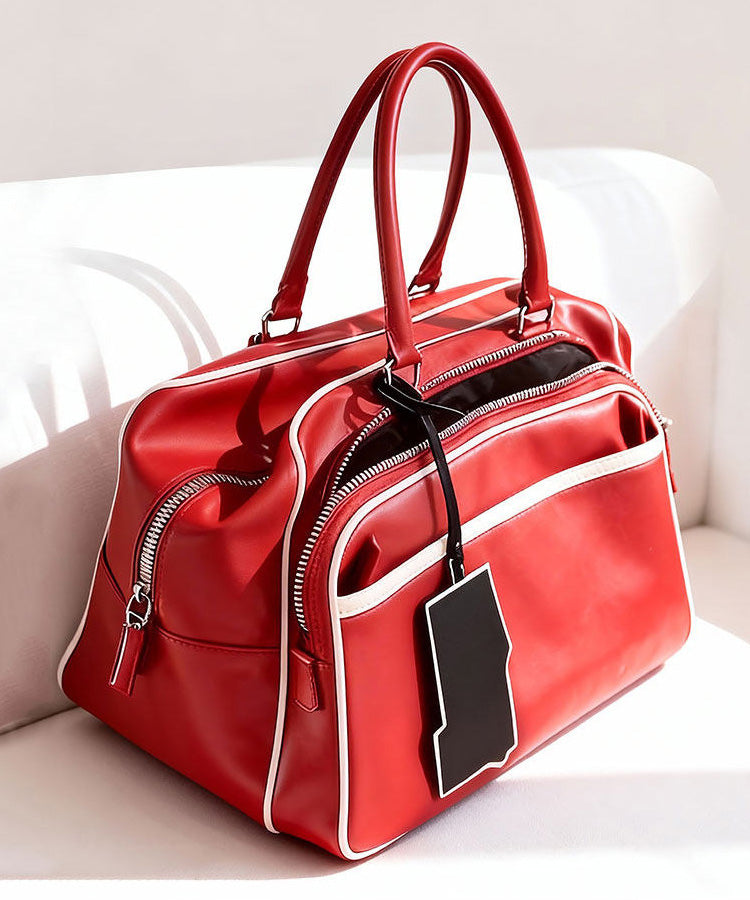 Casual Red Large Capacity Calf Leather Tote Bag