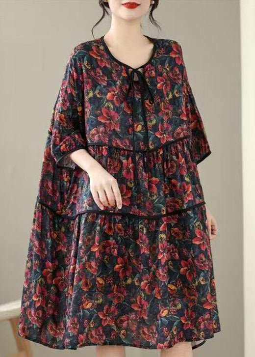 Casual Red O Neck Print Patchwork Cotton Mid Dress Summer