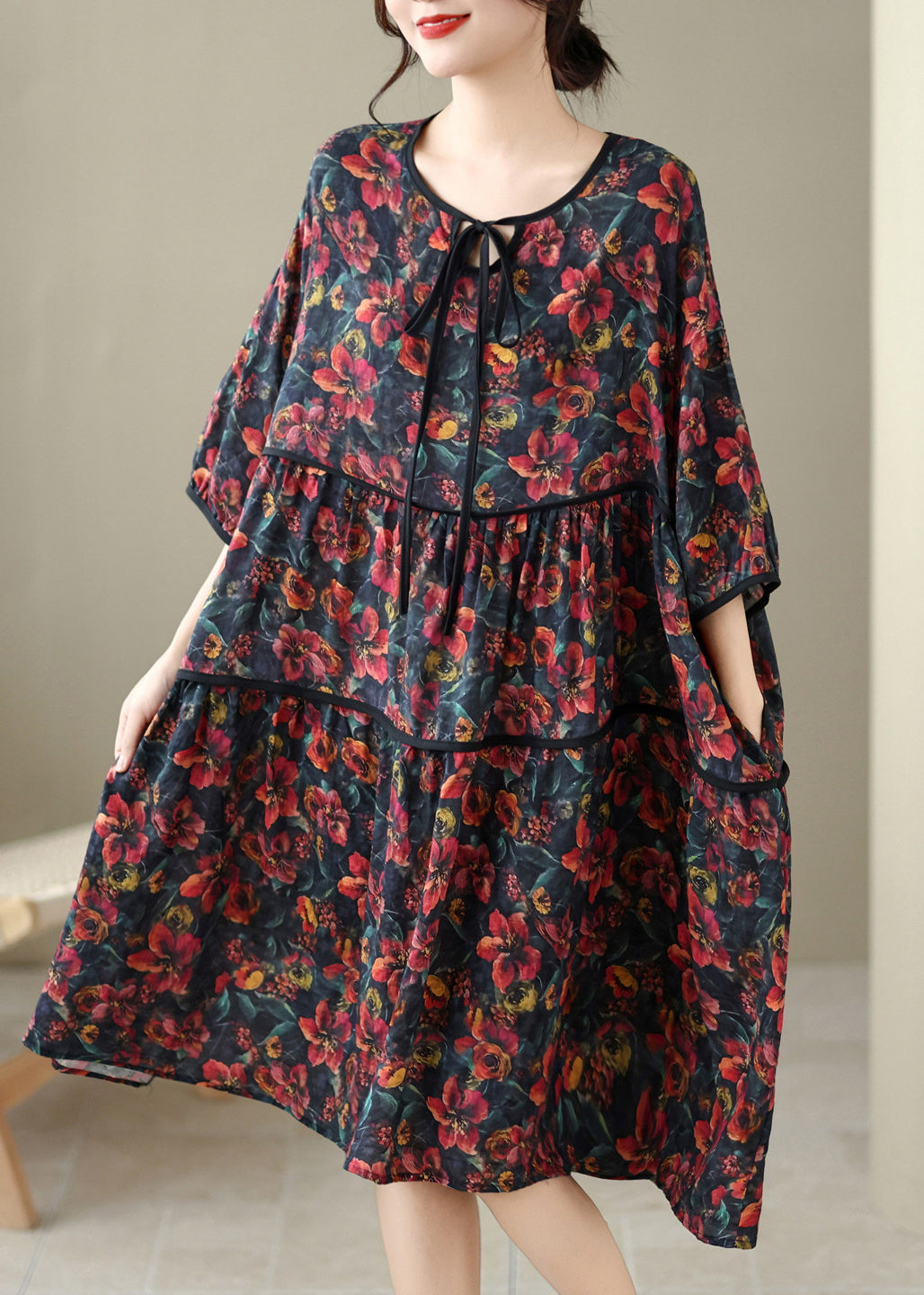 Casual Red O Neck Print Patchwork Cotton Mid Dress Summer