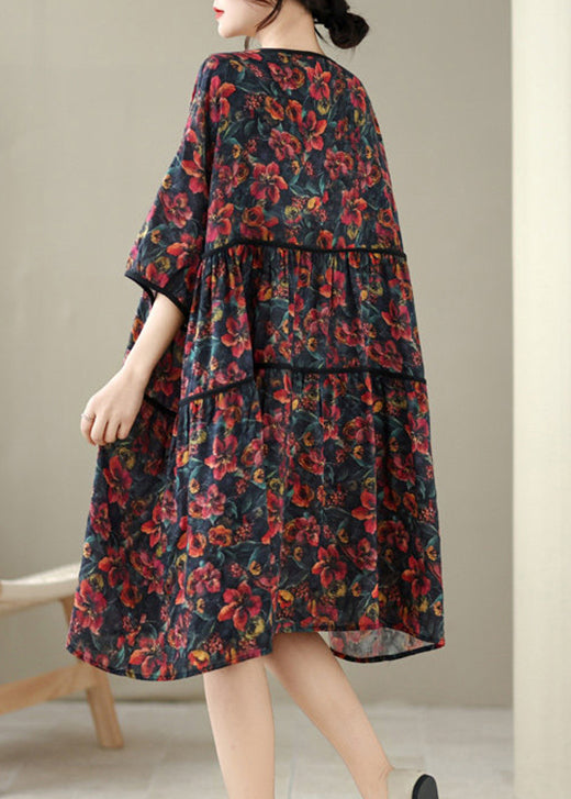 Casual Red O Neck Print Patchwork Cotton Mid Dress Summer