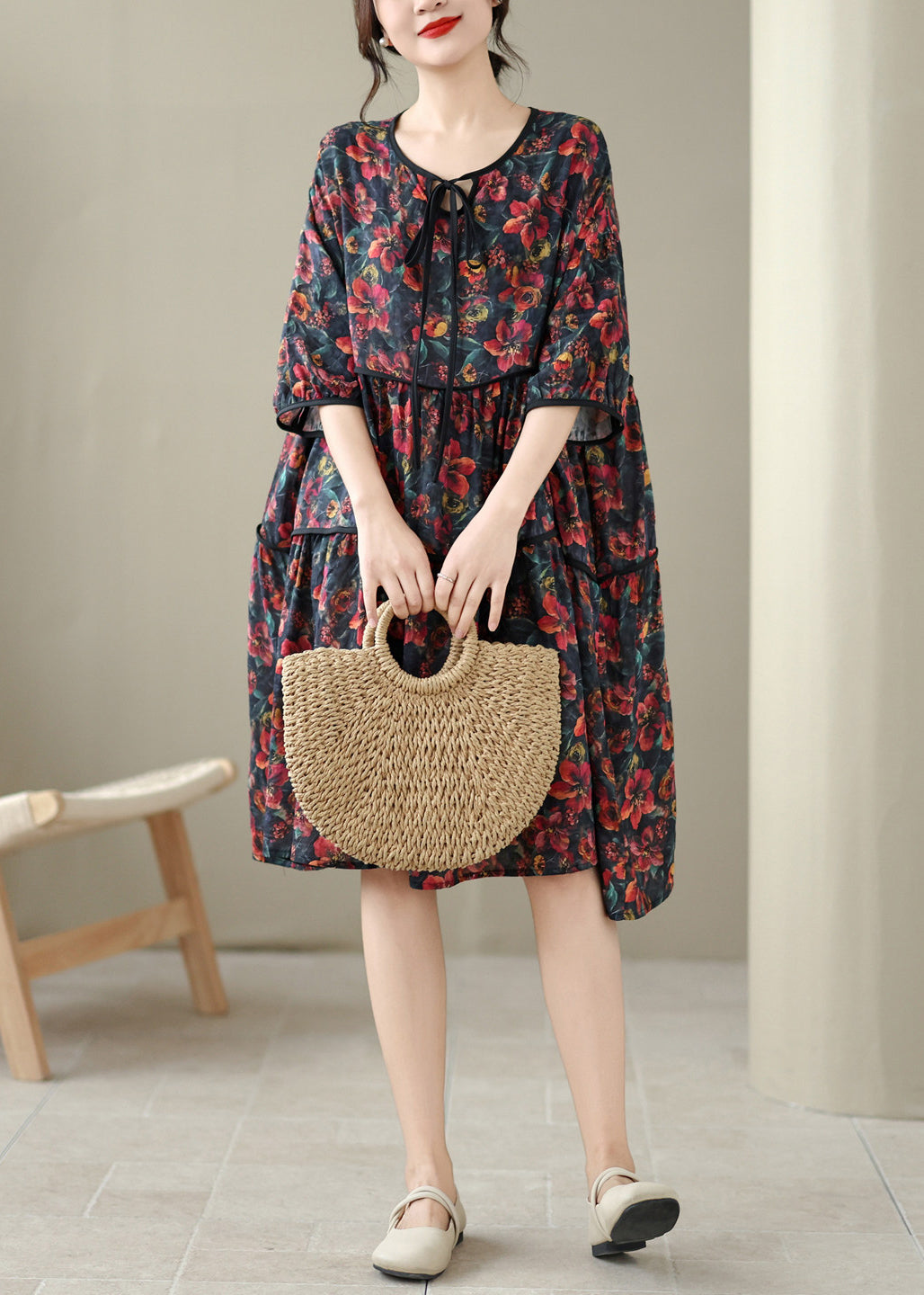 Casual Red O Neck Print Patchwork Cotton Mid Dress Summer
