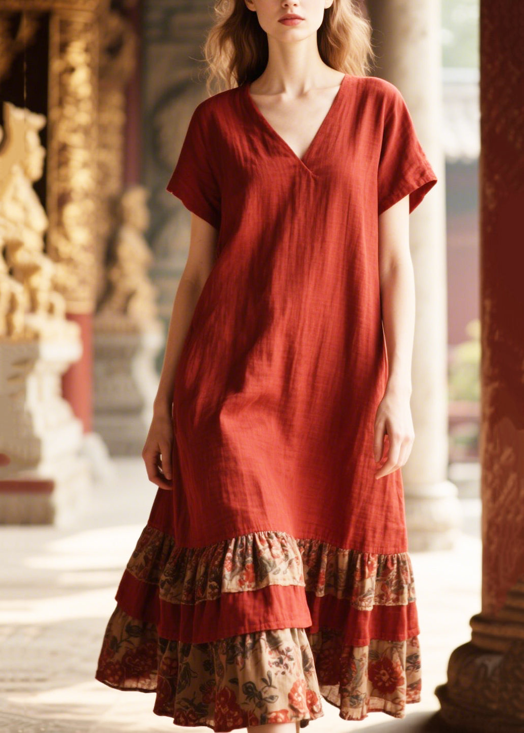 Casual Red Oversized Patchwork Cotton Dress Summer