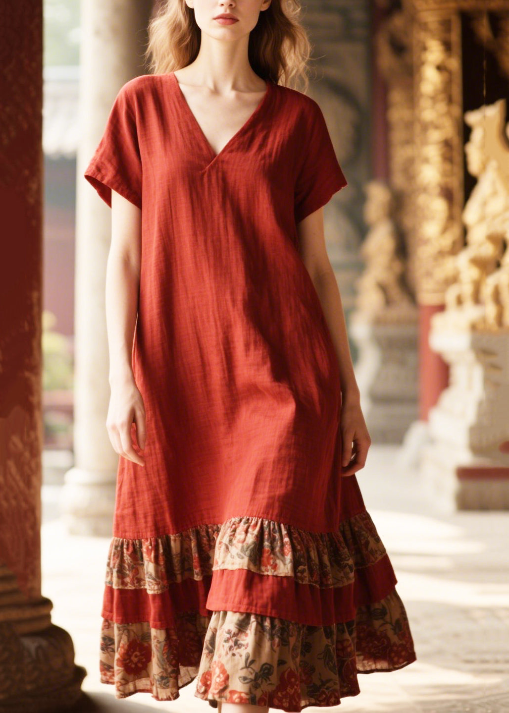 Casual Red Oversized Patchwork Cotton Dress Summer