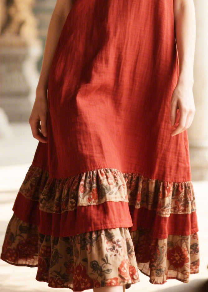 Casual Red Oversized Patchwork Cotton Dress Summer