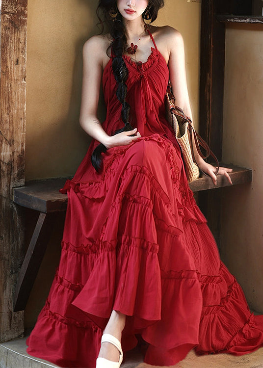 Casual Red Ruffled Exra Large Hem Cotton Cami Dresses Summer