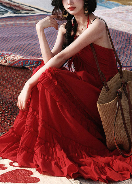 Casual Red Ruffled Exra Large Hem Cotton Cami Dresses Summer