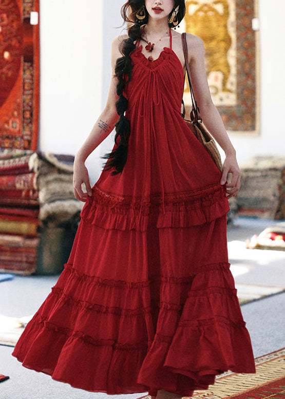 Casual Red Ruffled Exra Large Hem Cotton Cami Dresses Summer