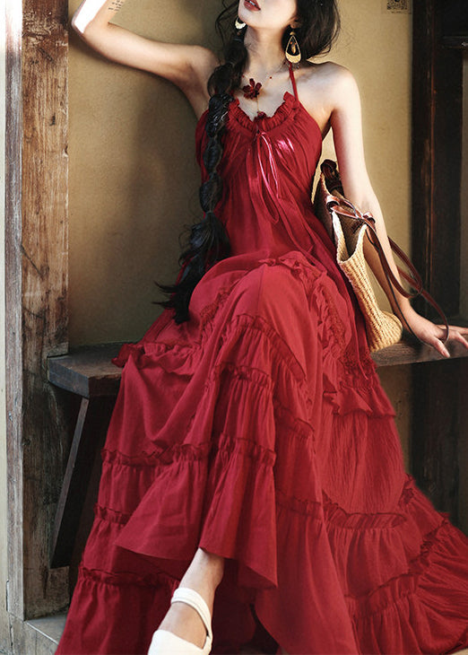 Casual Red Ruffled Exra Large Hem Cotton Cami Dresses Summer