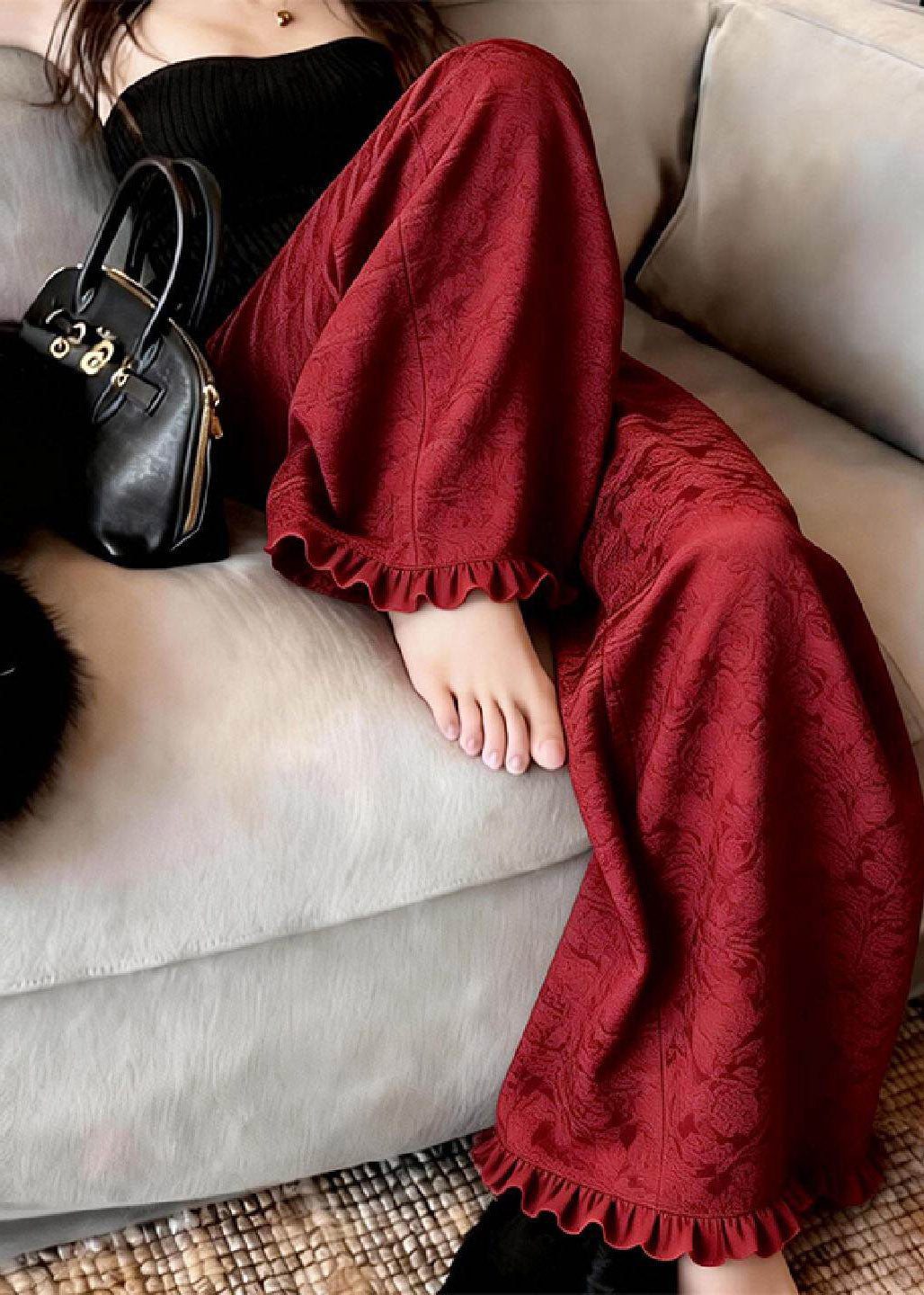 Casual Red Ruffled Patchwork Wide Leg Pants