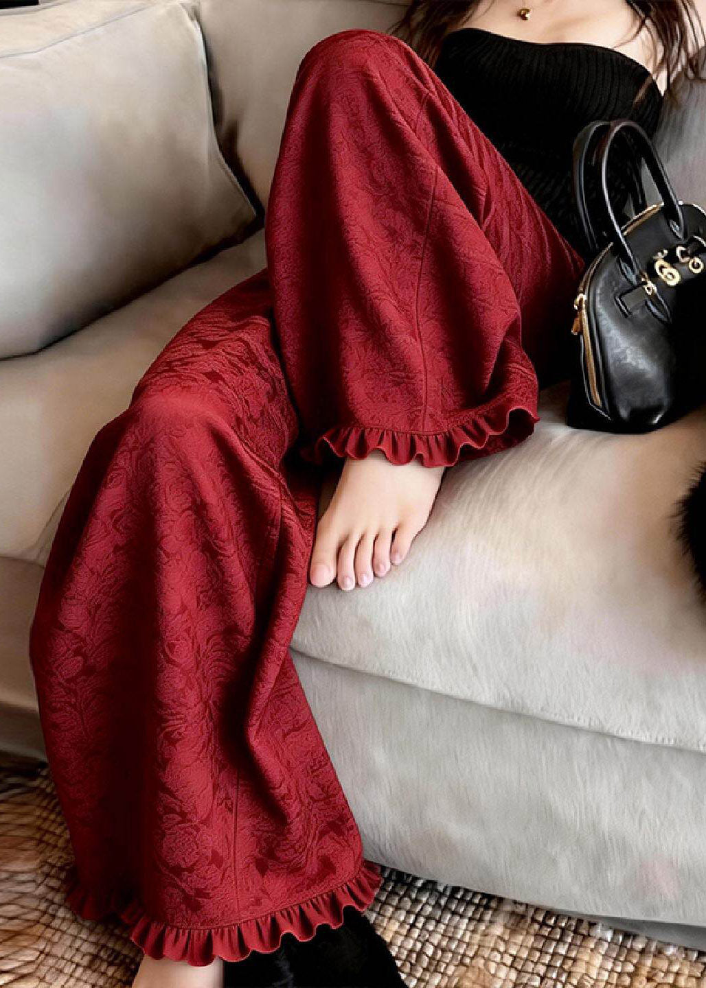 Casual Red Ruffled Patchwork Wide Leg Pants