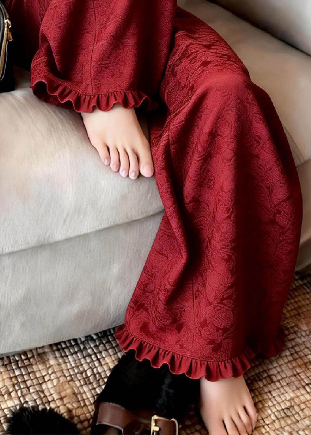 Casual Red Ruffled Patchwork Wide Leg Pants