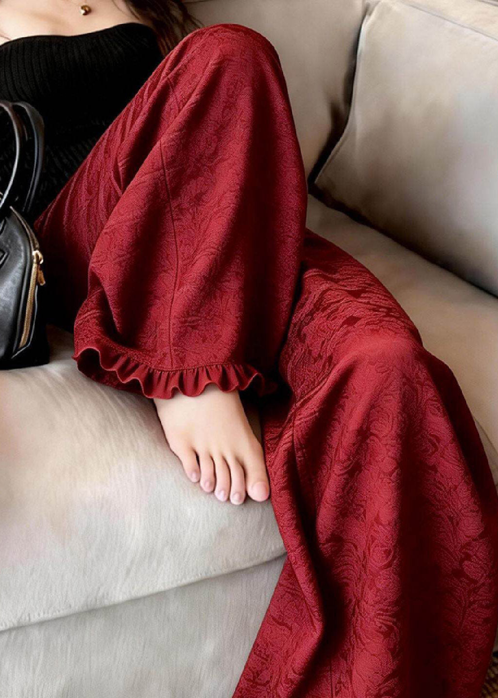 Casual Red Ruffled Patchwork Wide Leg Pants