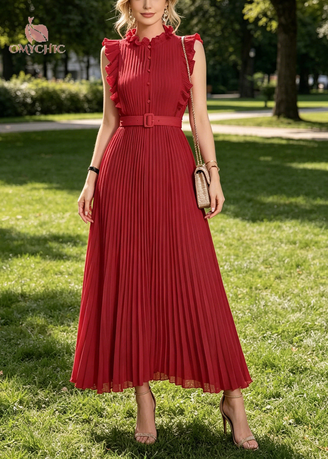 Casual Red Ruffled Wrinkled Chiffon Long Dress Sleeveless