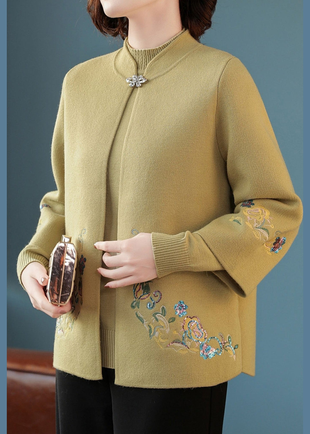 Casual Red Stand Collar Cotton Knit Cardigans And Sweater Two Piece Set Fall