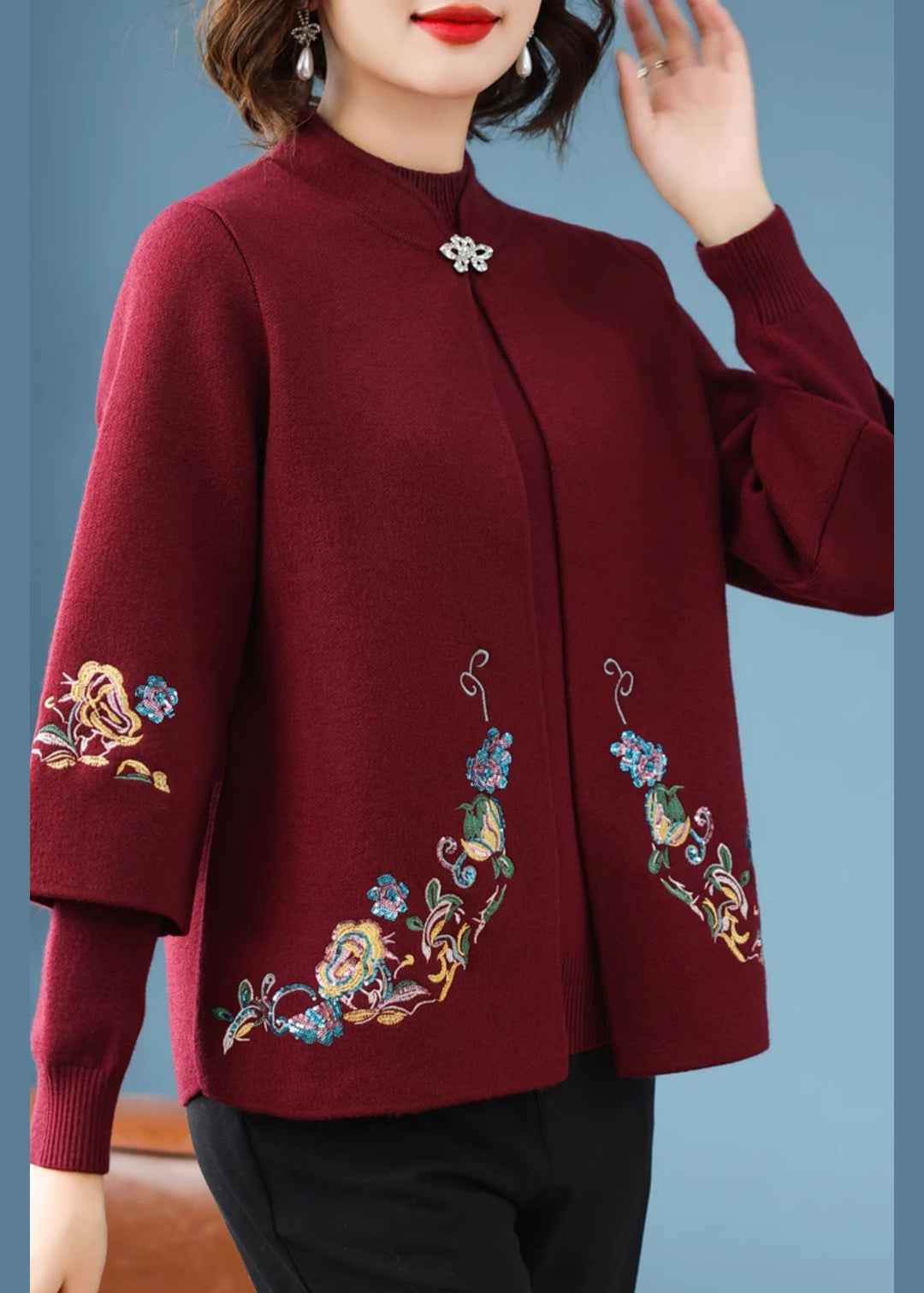 Casual Red Stand Collar Cotton Knit Cardigans And Sweater Two Piece Set Fall