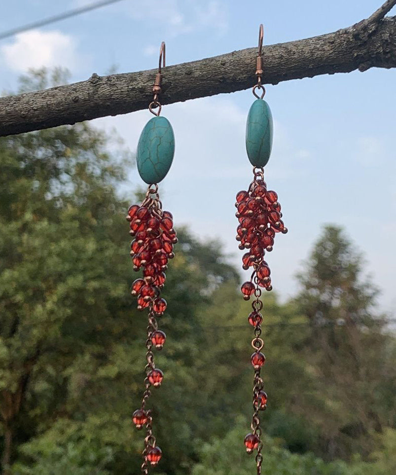 Casual Red Sterling Silver Overgild Turquoise Pomegranate Tassel Drop Earrings