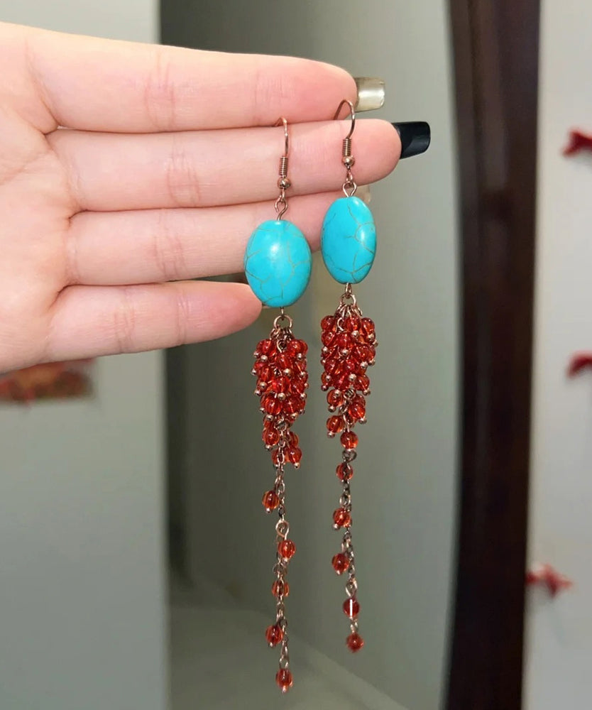 Casual Red Sterling Silver Overgild Turquoise Pomegranate Tassel Drop Earrings