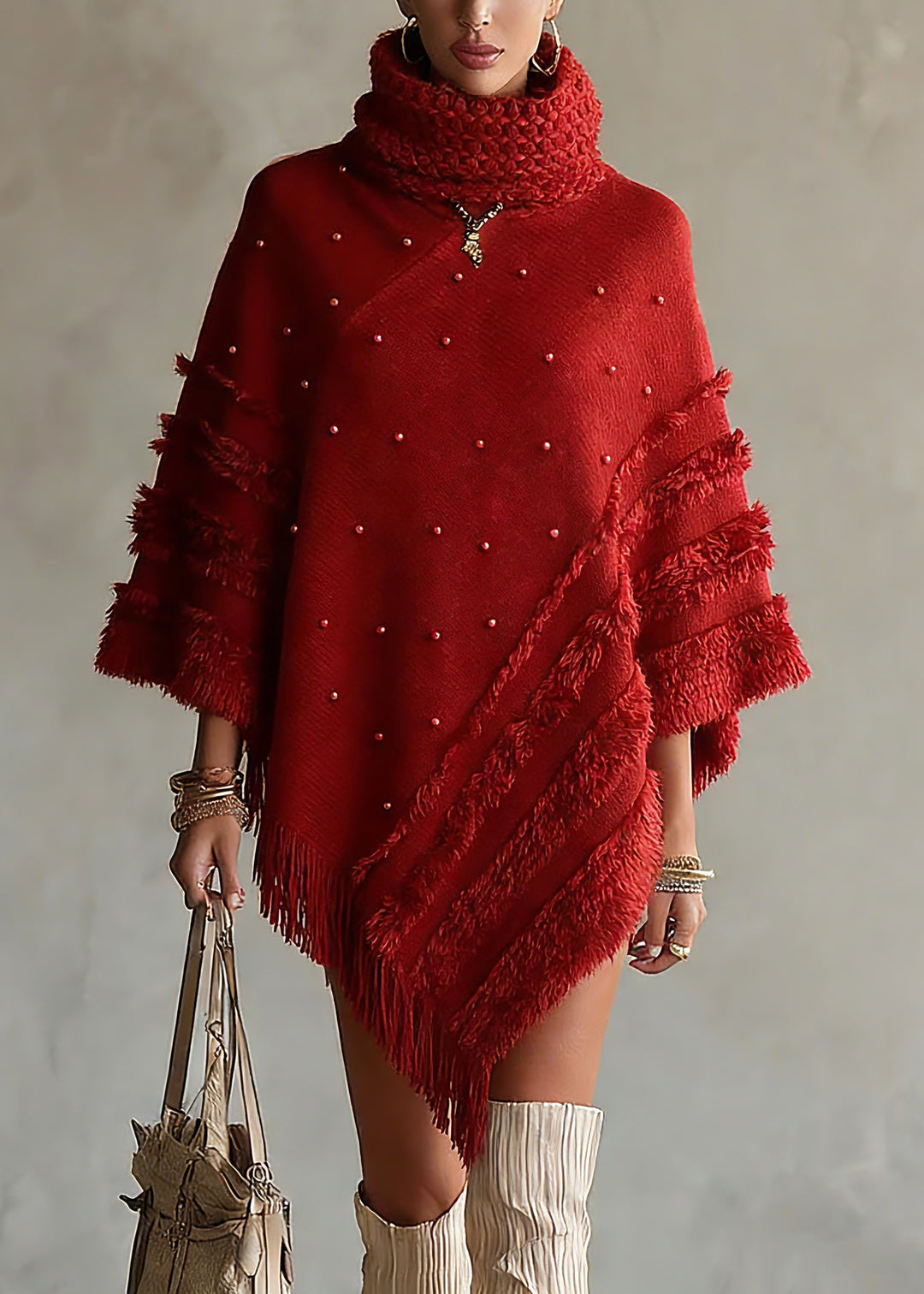 Casual Red Turtleneck Tassel Patchwork Cotton Knit Sweaters Tops Batwing Sleeve - Omychic