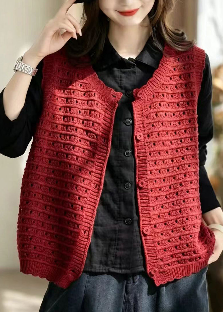 Casual Red V Neck Hollow Out Button Knit Vest Sleeveless