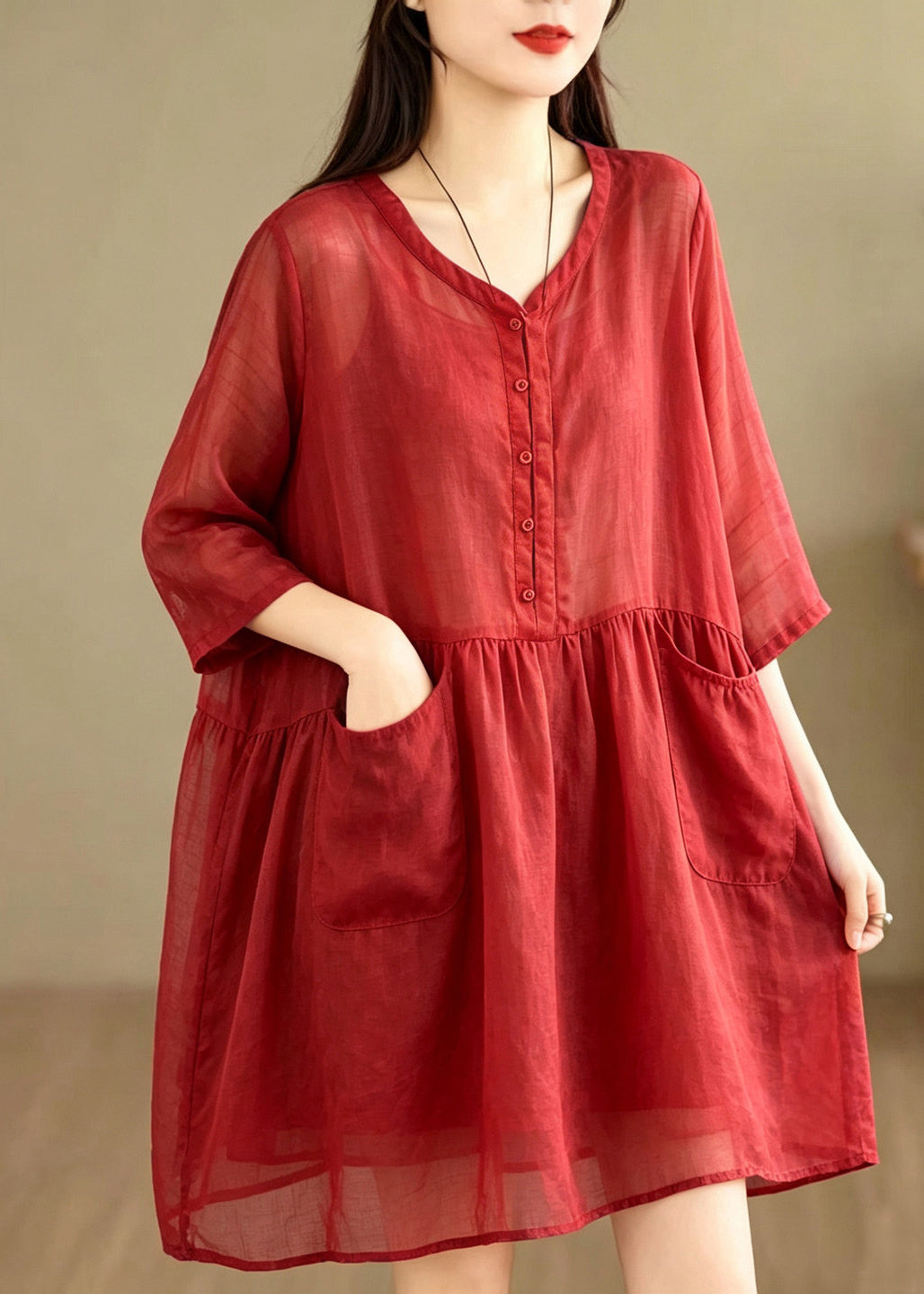 Casual Red V Neck Pockets Patchwork Cotton Mid Dress Bracelet Sleeve
