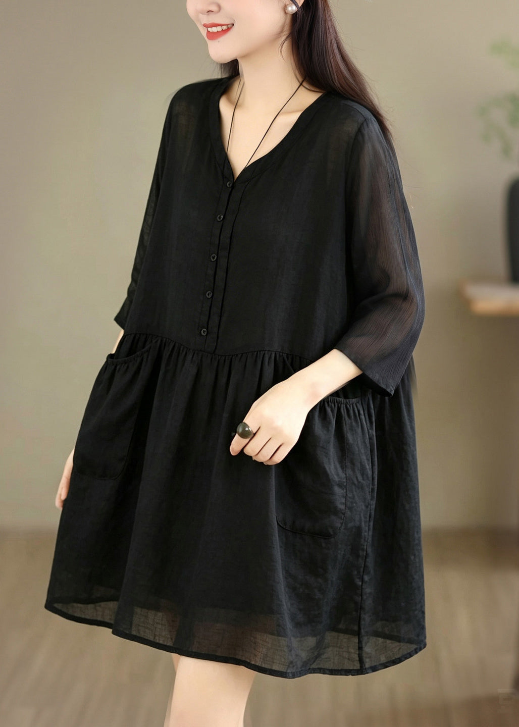 Casual Red V Neck Pockets Patchwork Cotton Mid Dress Bracelet Sleeve