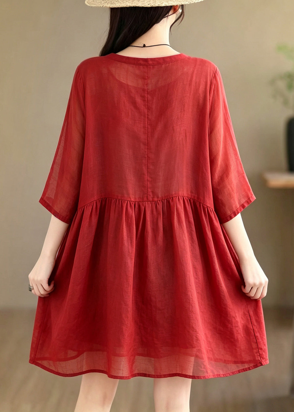 Casual Red V Neck Pockets Patchwork Cotton Mid Dress Bracelet Sleeve