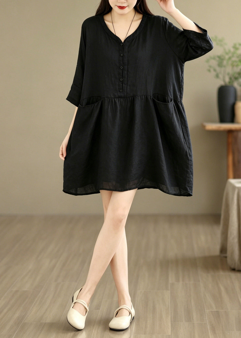 Casual Red V Neck Pockets Patchwork Cotton Mid Dress Bracelet Sleeve