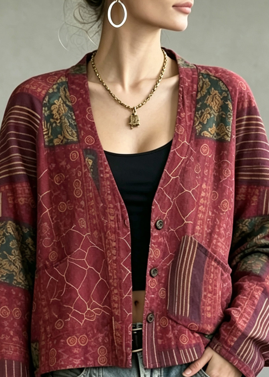 Casual Red V Neck Reversible Wear Print Coat Fall