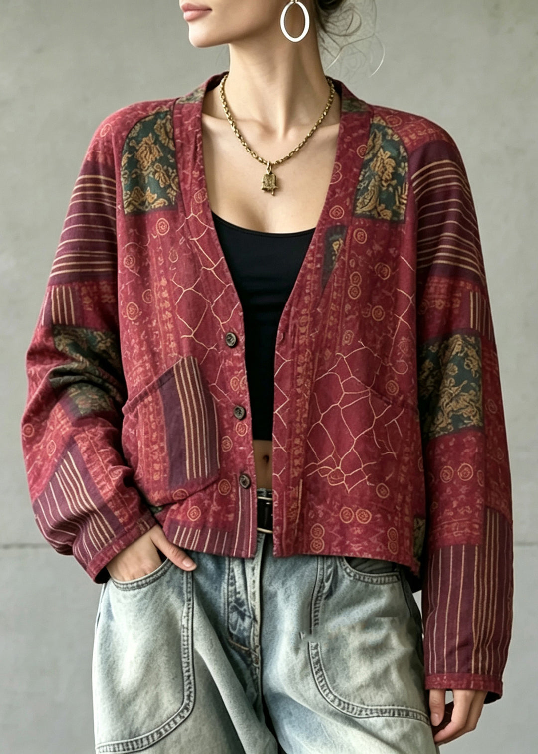 Casual Red V Neck Reversible Wear Print Coat Fall