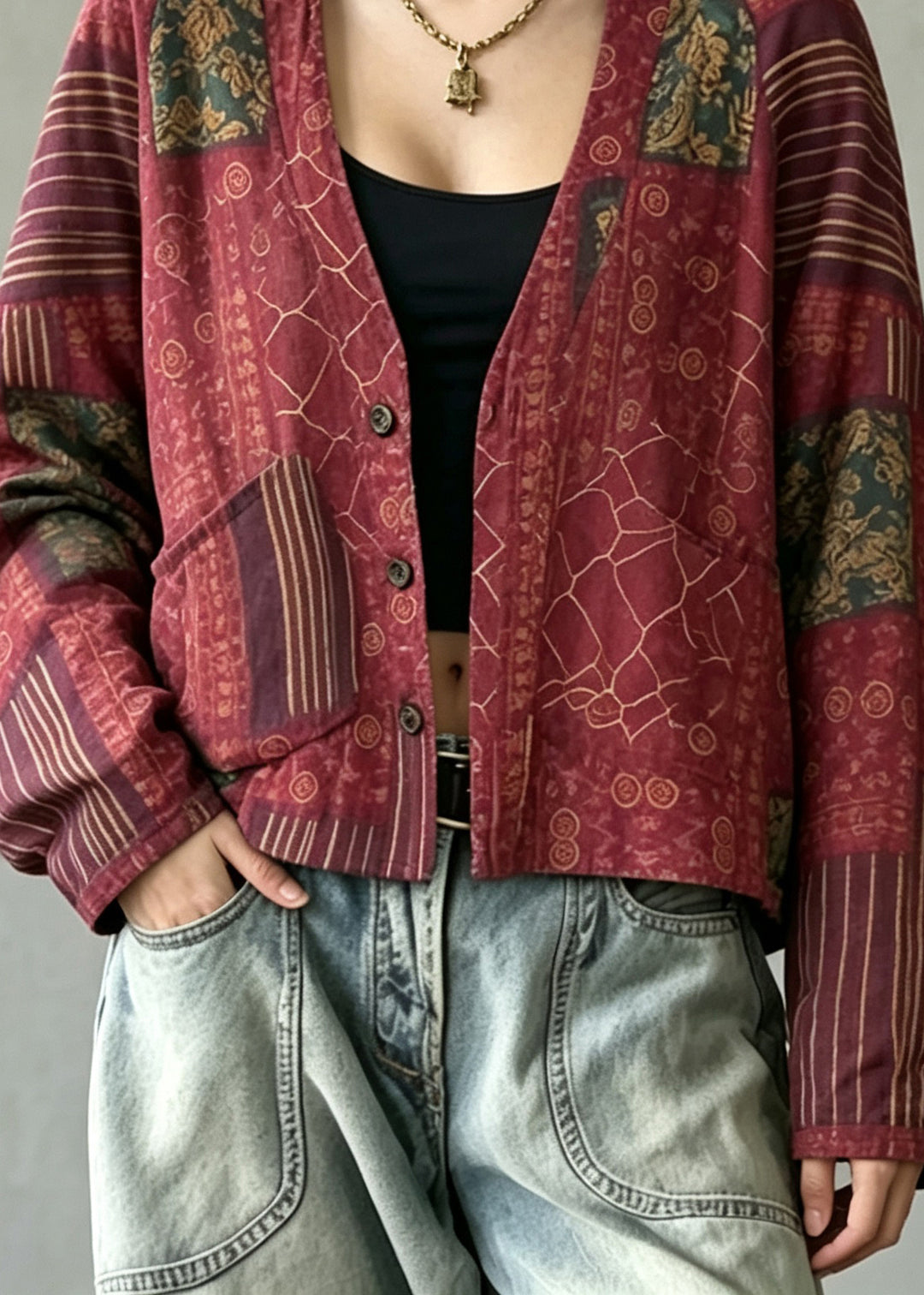 Casual Red V Neck Reversible Wear Print Coat Fall
