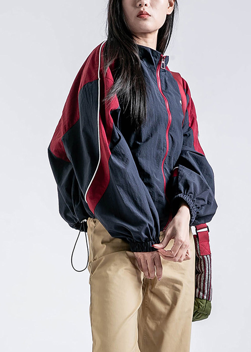 Casual Red Zip Up Pockets Drawstring Patchwork Coat Fall