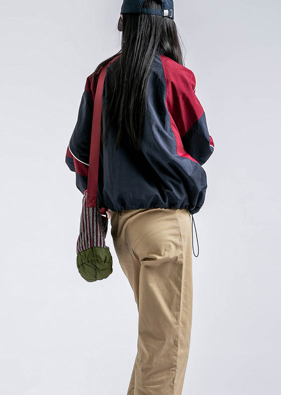 Casual Red Zip Up Pockets Drawstring Patchwork Coat Fall