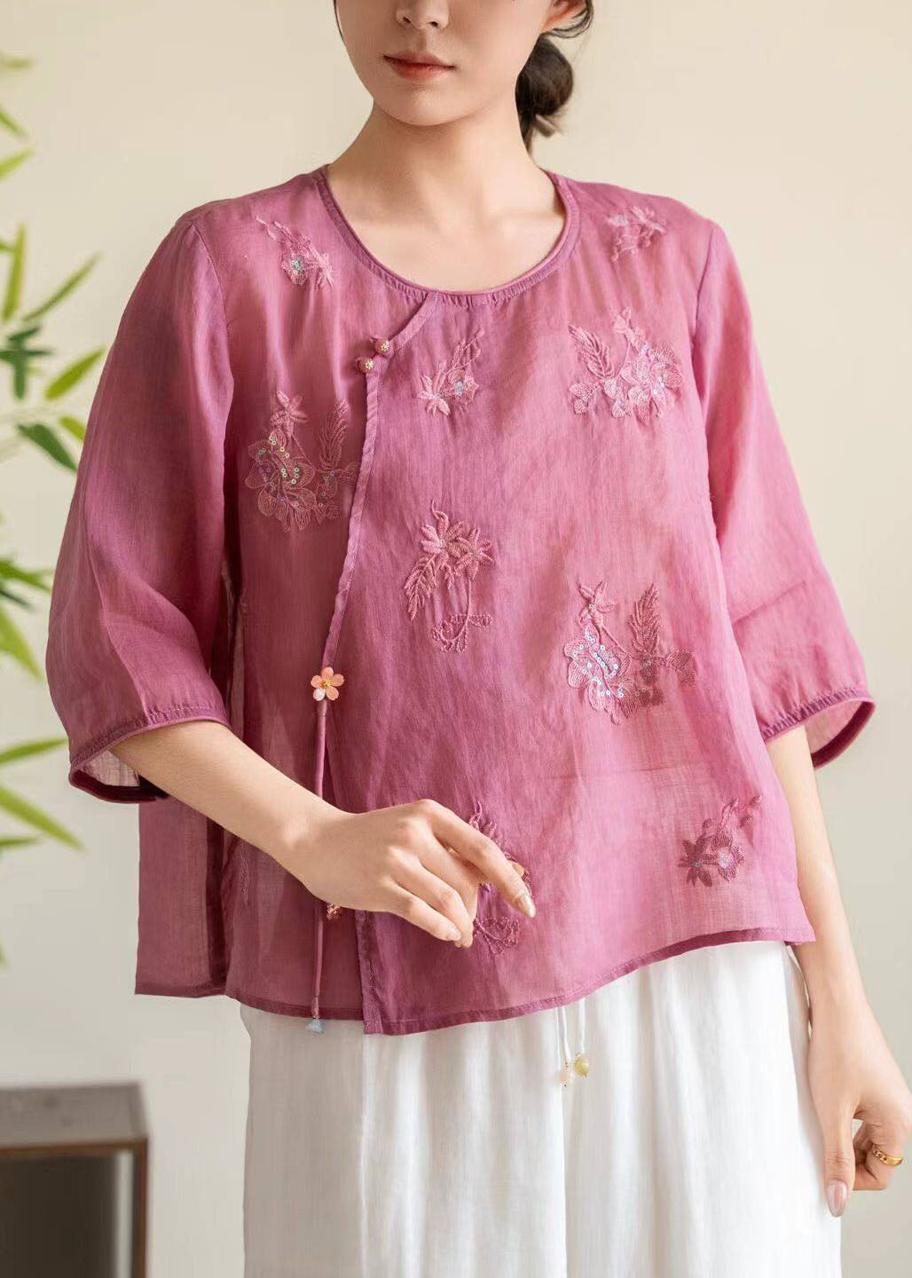 Casual Rose O Neck Embroidered Linen Shirt Tops Bracelet Sleeve