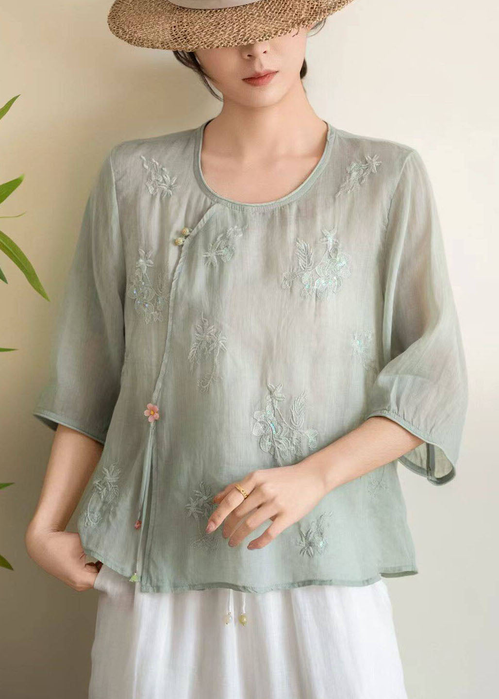 Casual Rose O Neck Embroidered Linen Shirt Tops Bracelet Sleeve