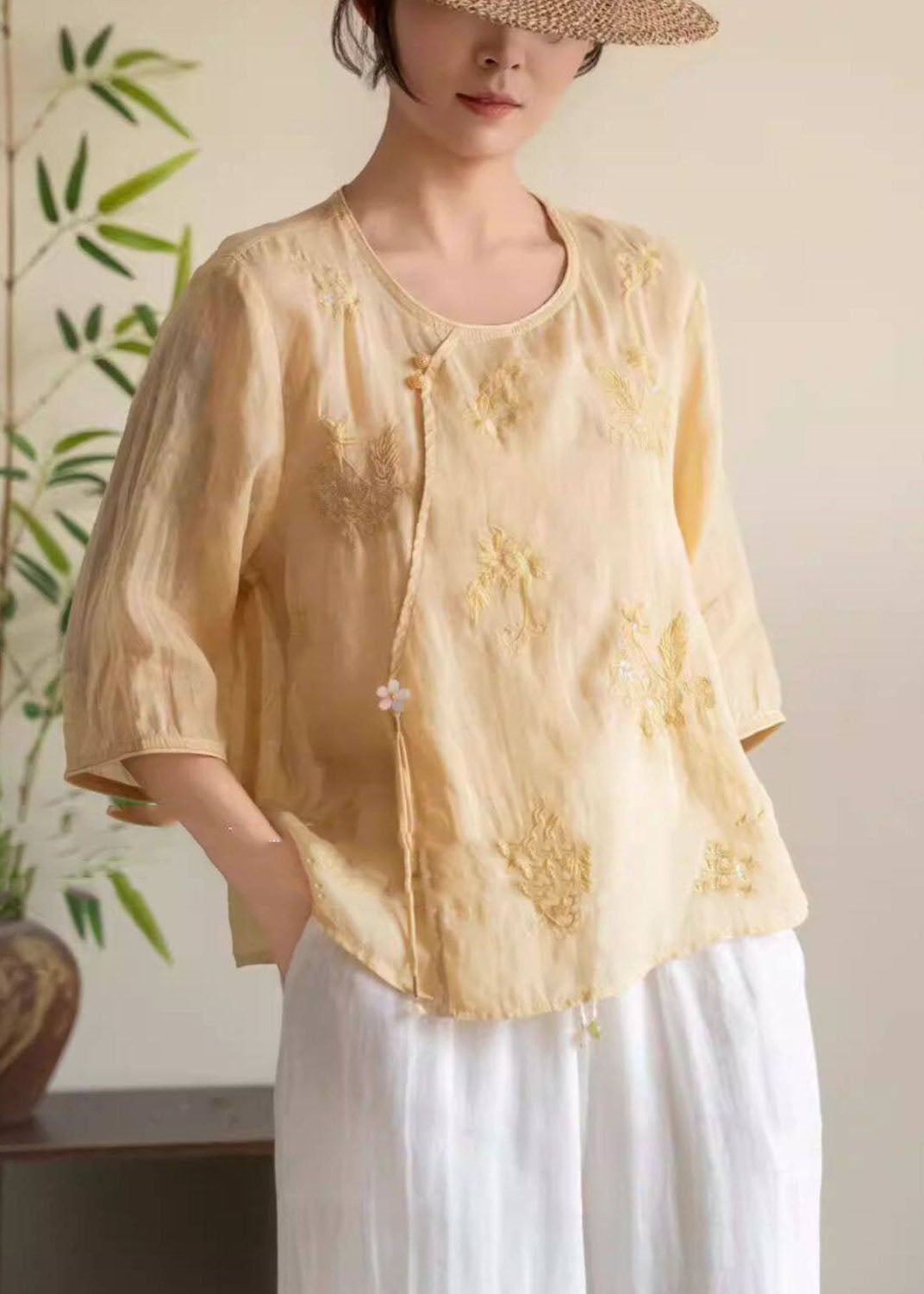 Casual Rose O Neck Embroidered Linen Shirt Tops Bracelet Sleeve