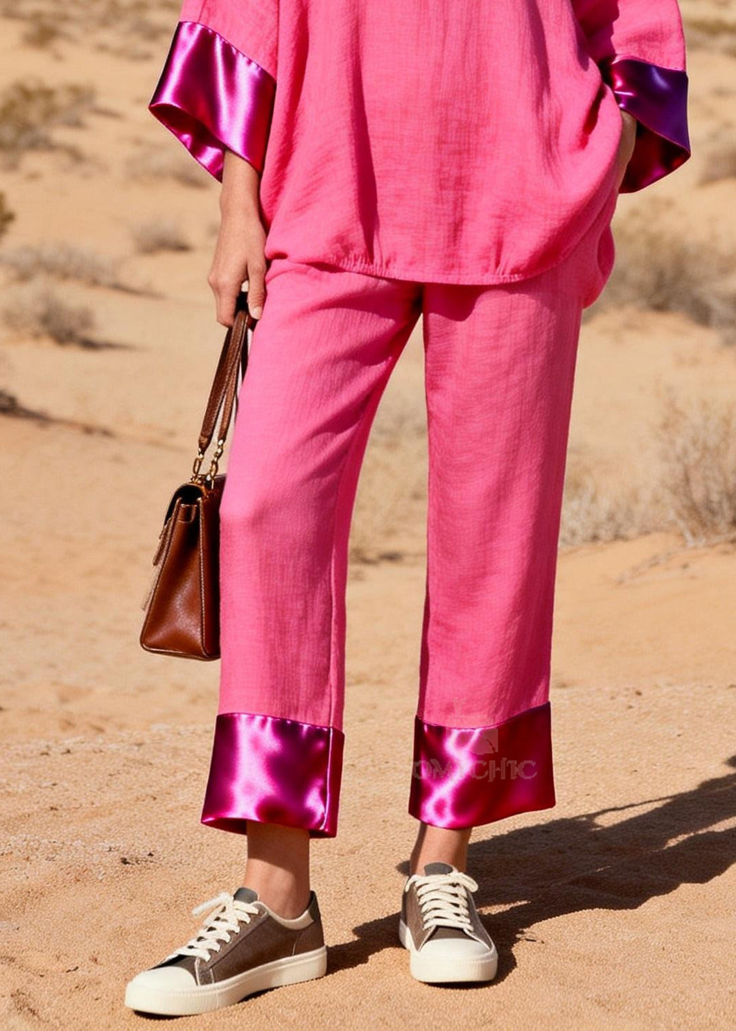 Casual Rose Oversized Patchwork Silk Cotton Two Pieces Set Spring