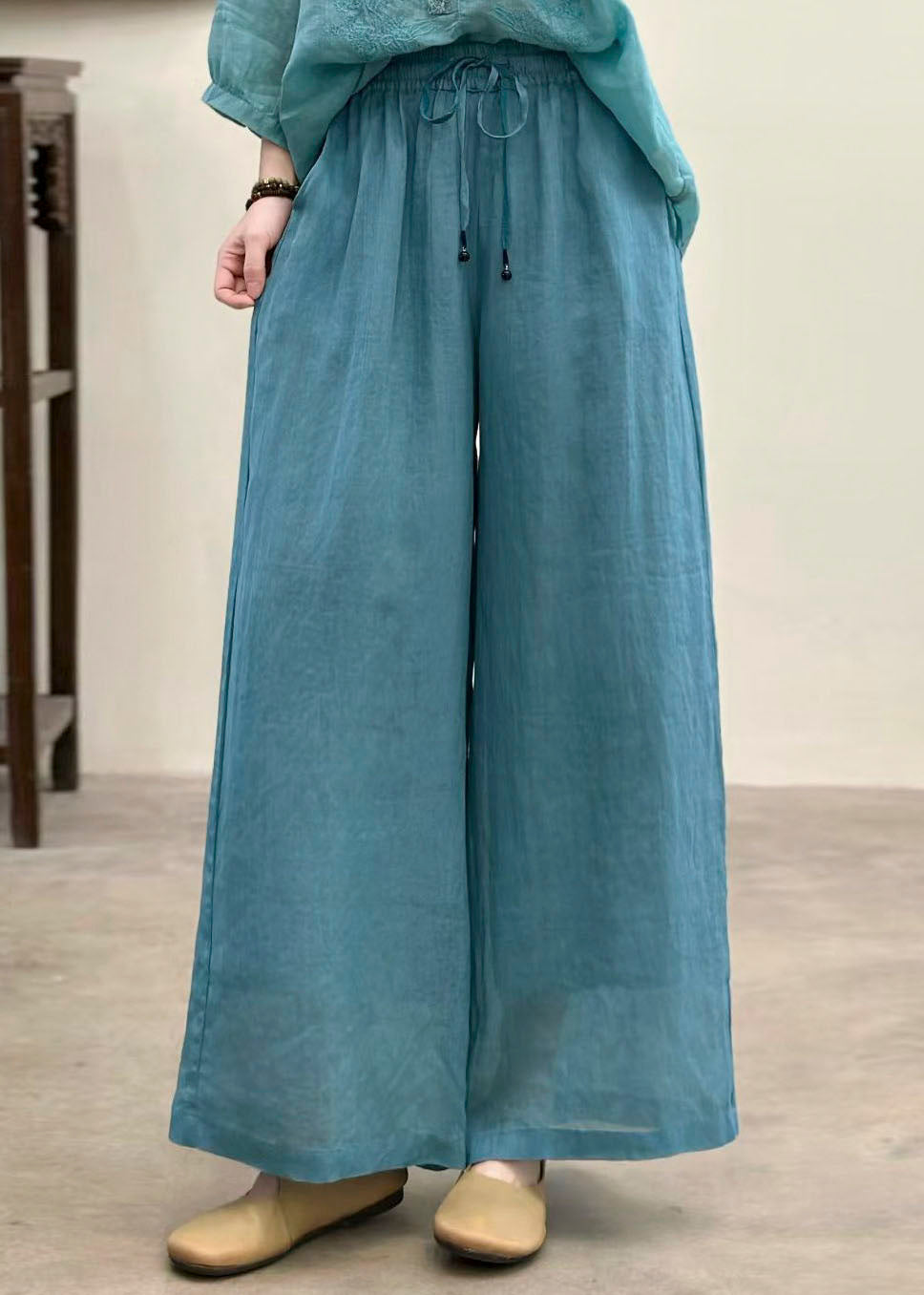 Casual Rose Pockets Elastic Waist Linen Pants Summer
