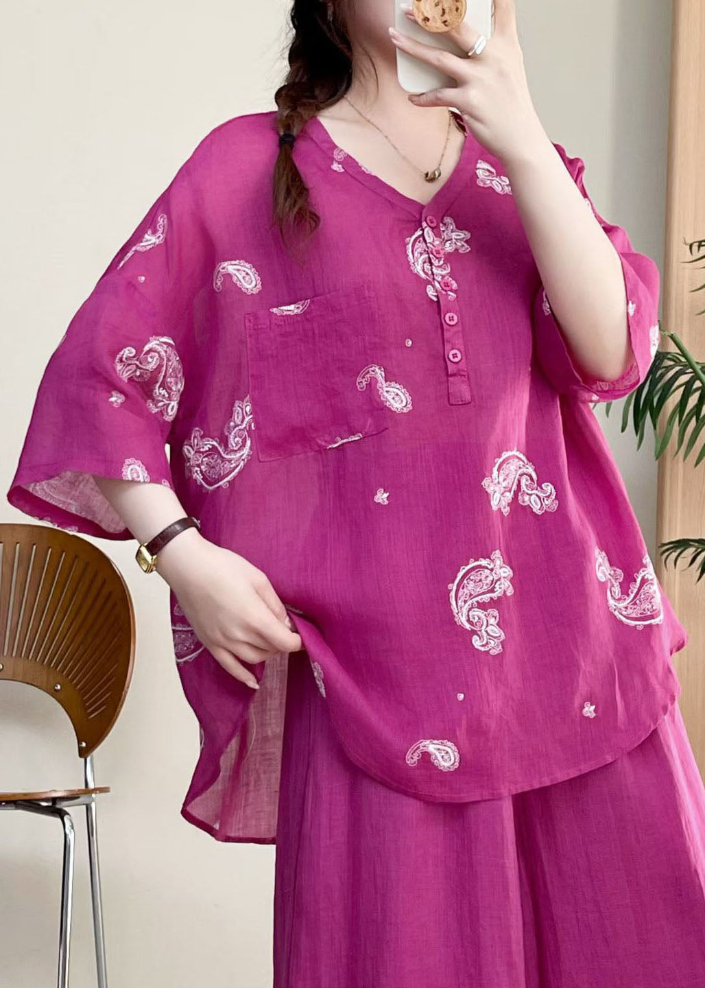 Casual Rose V Neck Embroidered Linen Top Summer