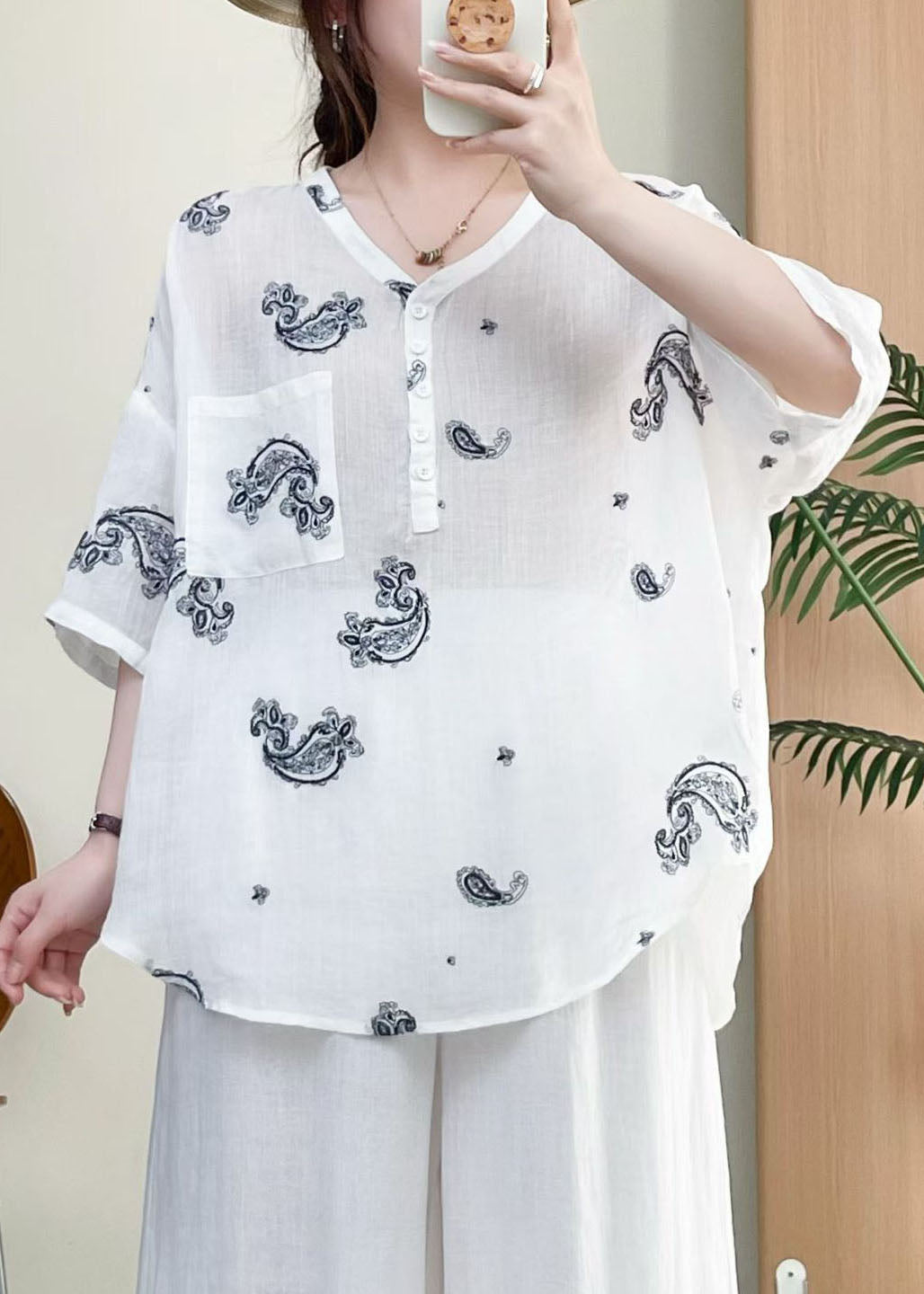 Casual Rose V Neck Embroidered Linen Top Summer
