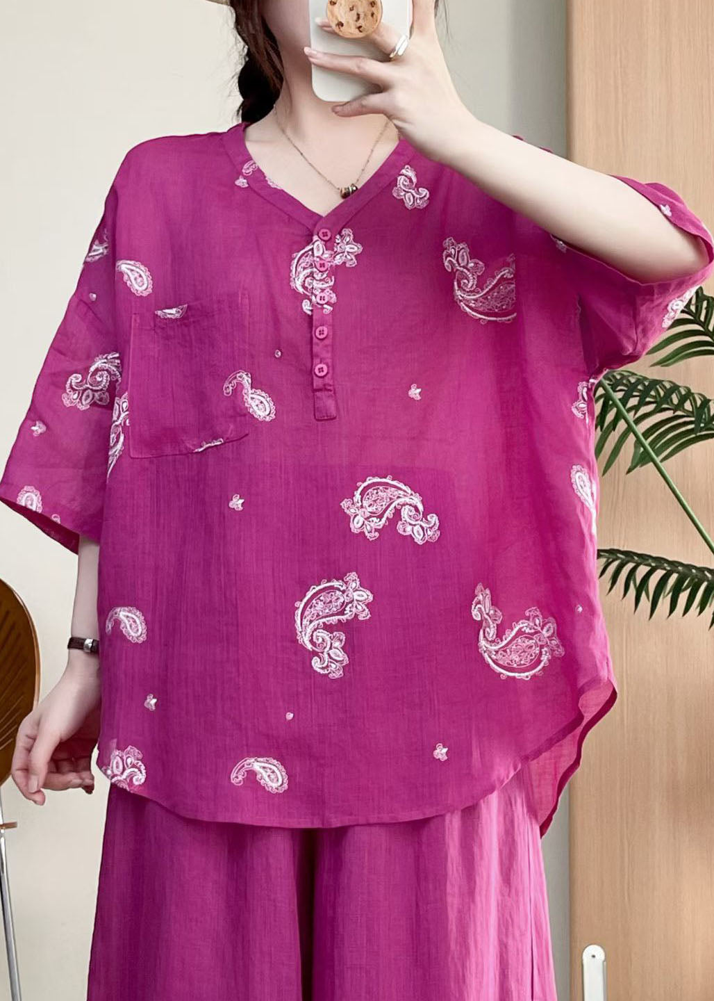 Casual Rose V Neck Embroidered Linen Top Summer