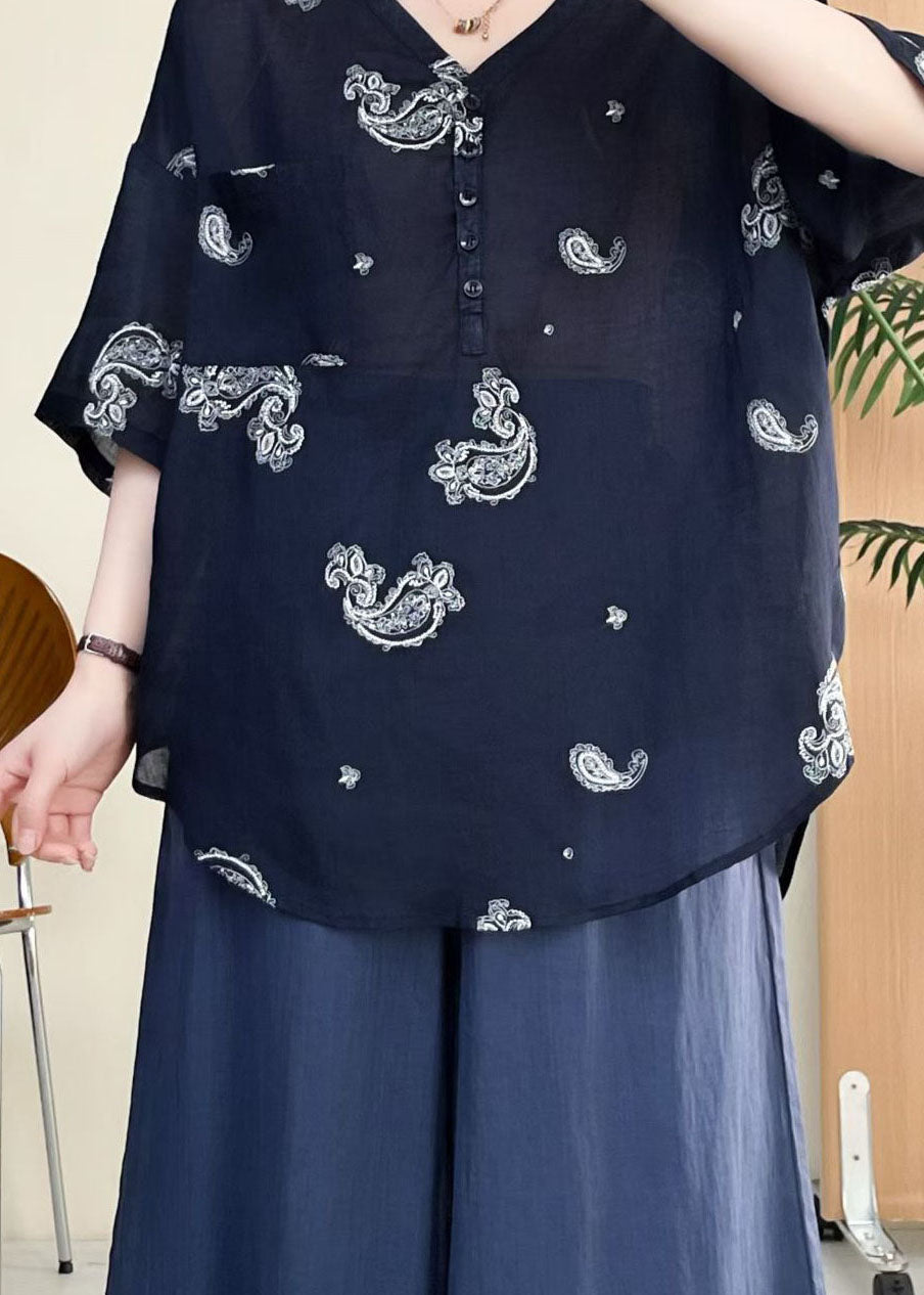 Casual Rose V Neck Embroidered Linen Top Summer