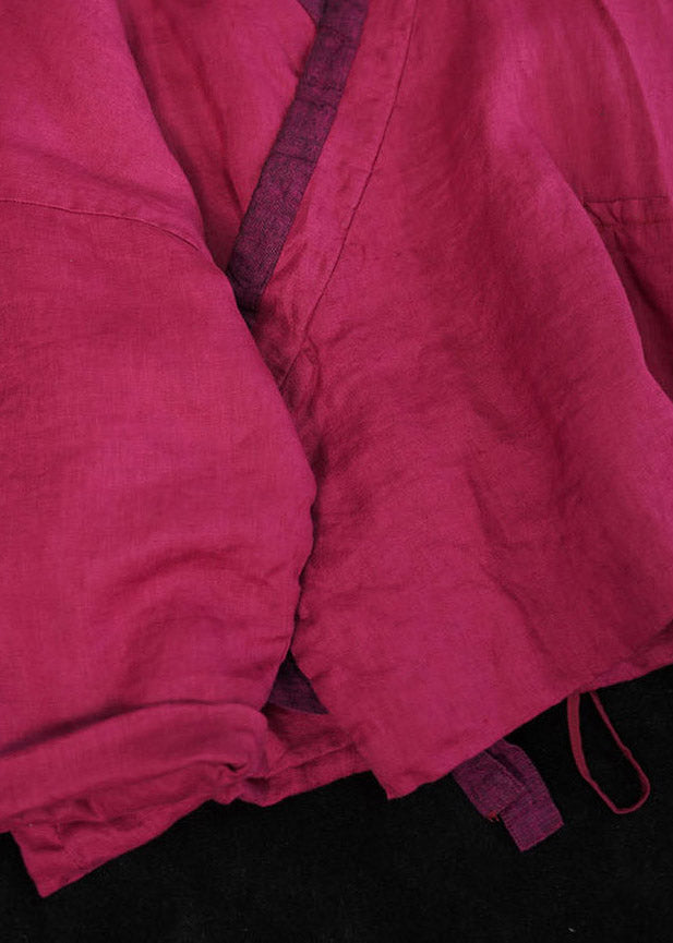 Casual Rose V Neck Patchwork Tie Waist Parka Long Sleeve