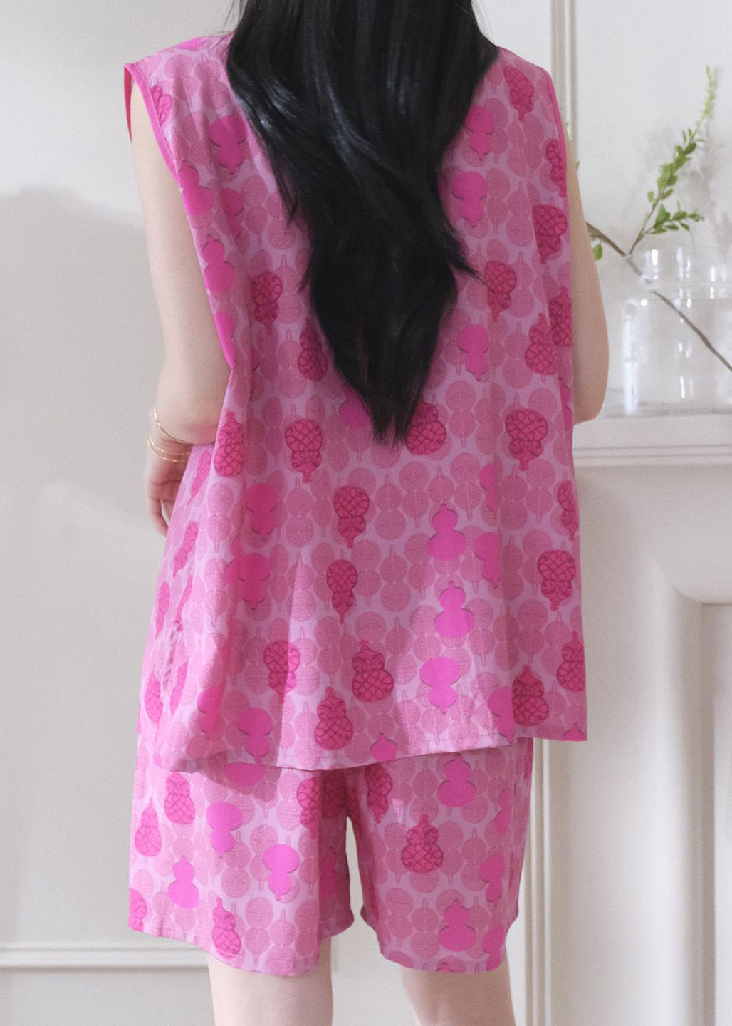Casual Rose V Neck Print Button Pajama Sets Summer