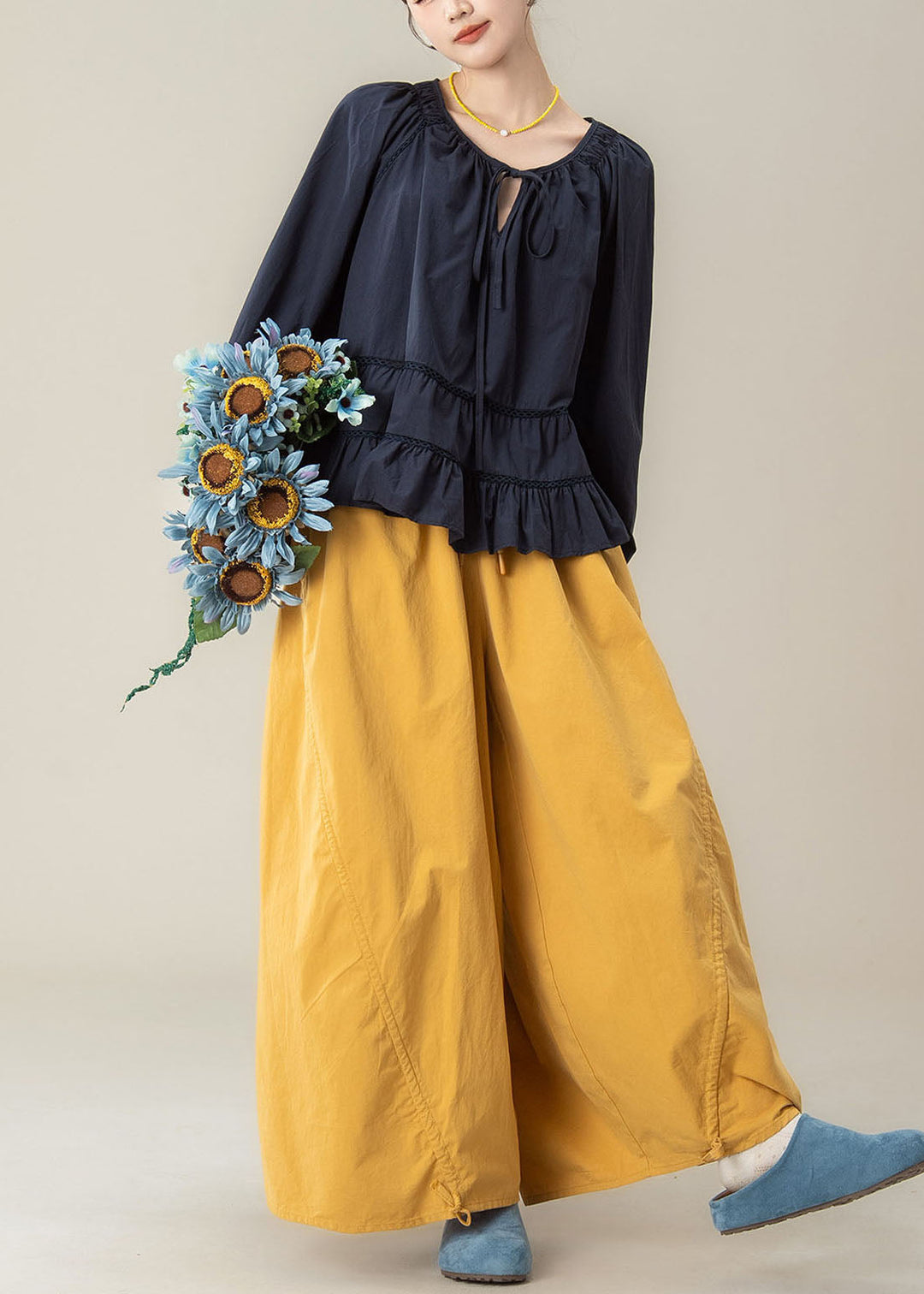 Casual Ruffled Tie Lace Top And Wide Leg Pants Two Pieces Set Fall