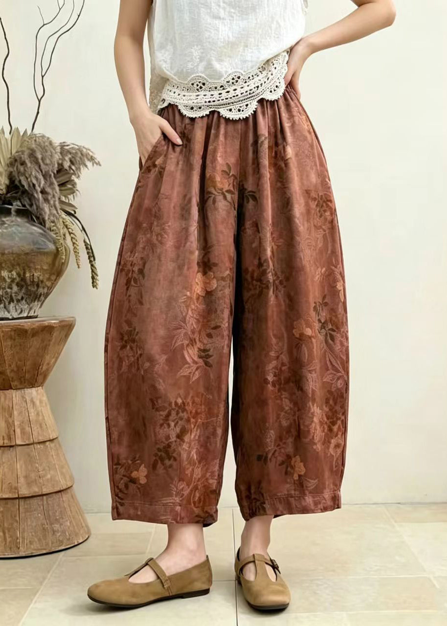Casual Rust Brown Pockets Print Draping Harem Crop Pants Summer